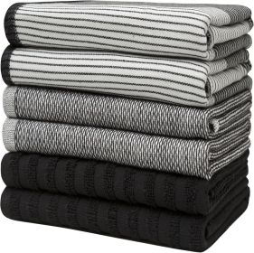 Premium Kitchen Towels (20'x 28', 6 Pack) | Large Cotton Dish Towels | Flat & Terry Highly Absorbent Kitchen Linen Set with Hanging Loop | Black