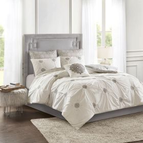 6 Piece Embroidered Cotton Reversible Comforter Set Ivory Full/Queen